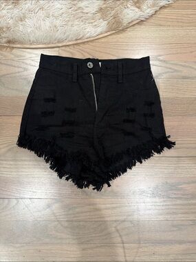 Aphrodite Black High-Waist Frayed Hem Denim Shorts